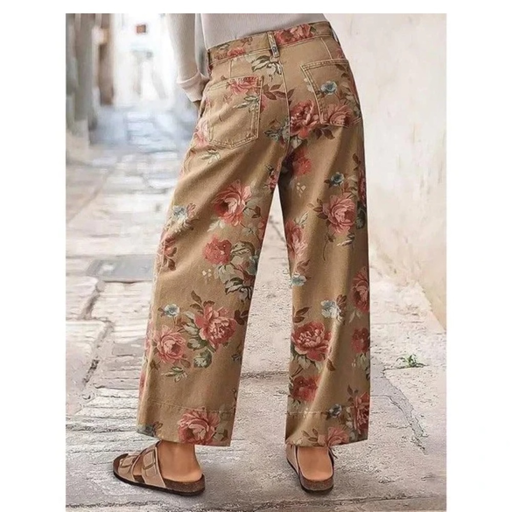 Flamingals Women's Floral Print Wide Leg Cropped Pants Mid Rise Boho Ankle - Picture 3 of 6
